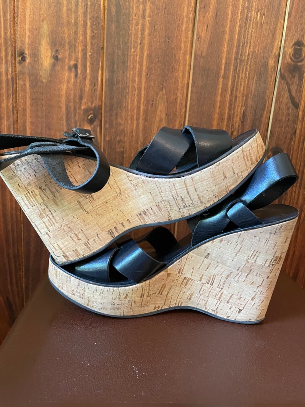 Kork-Ease Black Leather Cork Platform Wedge Sandals Sz9 - Picture 8 of 11